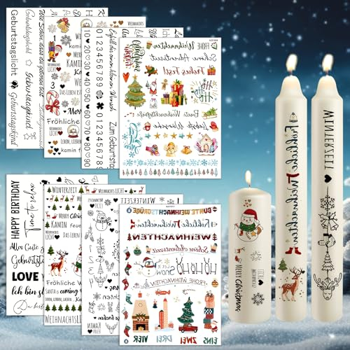 8PCS Kerzen Tattoofolie,Kerzenfolie Kerzen Tattoo Weihnachten Kerzen Sticker Wasserschiebefolie Kerzen kerzen beschriften folie Kerzentattoo,für Kerzen/Keramik,A4 Boge