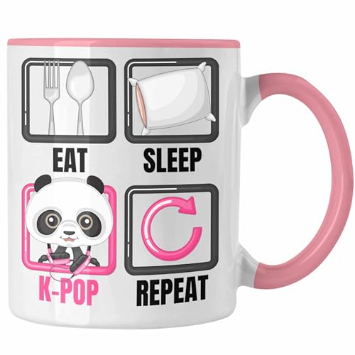 Trendation - Eat Sleep K-Pop Tasse Geschenk Koreanische Musik Kpop Geschenkidee Spruch (Rosa)