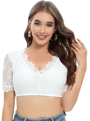 Yuson Girl Chemisier Dirndl Femme en Dentelle Transparente élégant Dirndl Dentelle Wiesnherz Blanc Chemisier à Manches Courtes pour Oktoberfest(A, 40)