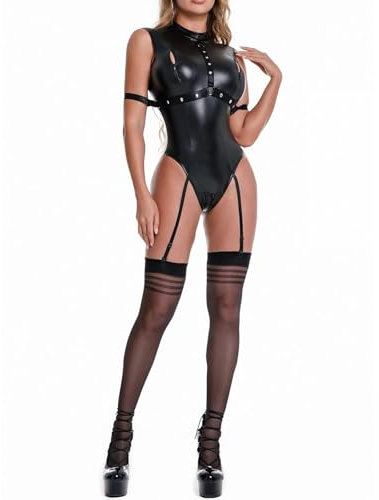 NewBull Body sexy pour femme - Effet mouillé - En cuir mat - Sans manches - Avec 4 porte-jarretelles réglables + 1 paire de bas - Pour cocktail, clubwear