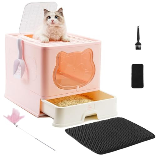 HelloMiao Caja de Arena para Gatos Completamente Cerrada con Tapa, Tipo de cajón, desodorizante, Grande, Plegable, con Pala de plástico para Mascotas, Adecuada (Rosa+Estera Negra)