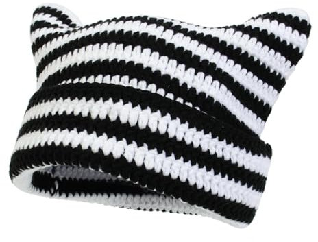 BISONBLUE Strickmütze Damen Mütze Frauen Wintermütze Caps Beanie Hats Herbst Und Winter Wollmütze, Gestreifte Katzenmütze, Handgefertigt, Gestrickt, Personalisierte Wärme-Pullover-Mütze