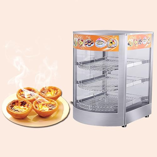 Hot Food Display Cabinet Warmer, with Lighting, 3-Tier Commercial Stainless Steel Food Warmer, 0.8KW Temperature Range 30-85 °C, for Egg Tarts, Pizza, Bread Food Heating and Preservation