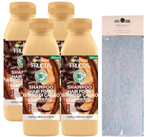 Hair Food Shampoo für trockenes und lockiges Haar, reinigt, nährt, Anti-Frizz, regeneriert Locken, Kakaobutter 350 ml (4 Einheiten) + Haarband (verschiedene Farben) + Bürste zum Entwirren