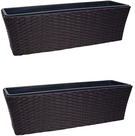 Balkonkasten mit Halterung in Rattan-Optik | ca. 60 cm | ca. 11 Liter Fassungsvolumen | ohne Wasserspeicher | inkl. Pflanzschale | hochwertiger Kunststoff | zum Hängen oder Hinstellen (2, braun)