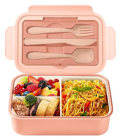 Diboniur Porta Pranzo, Lunch Box con Posate, 1400ml Schiscetta Pranzo Bento Box con 3 Scomparti Contenitore Pranzo Ufficio Microonde (Rosa)