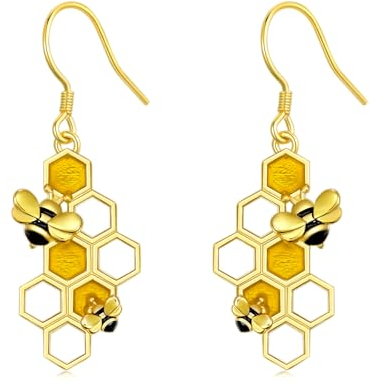 YFN Bienen Ohrringe Damen, Vergoldet Wabe Blume Ohrringe mit 925 Sterling Silber Nadeln, Kubik Zirkonia Messing Klein Bienen & Honigwabe Ohrhänger Damenohrringe mit Zirkonia für Damen Frauen Mädchen
