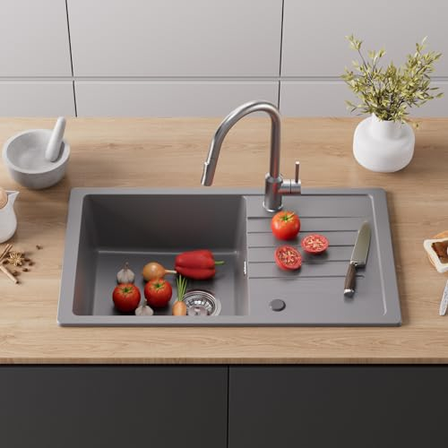 CECIPA Fregadero de granito reversible con escurridor, 78 x 45 cm, incluye sifón y más, 80% arena de cuarzo, para armario bajo de 60 cm, gris