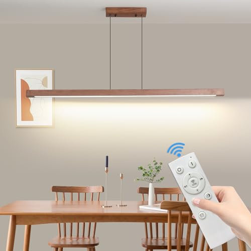 Mikeru 120CM Led Pendelleuchten Esstisch, 40w Walnuss Lineare Hängelampe Dimmbar Mit Fernbedienung, 10%-100% Pendelleuchte Einstellung Der Farbtemperatur, Für Küche Esszimmer Esszimmerlampe