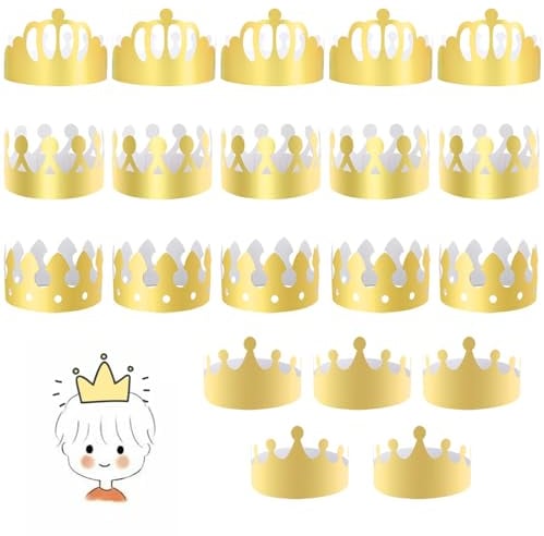 20 Stück Goldene Papierkronen für Kinder und Erwachsene,Verstellbare Geburtstagskrone Papier,Gold Kronenhut Partyhüte,Papier König Kronen Set,DIY Party Crown für Geburtstagsfeiern,Babypartys,Jubiläen
