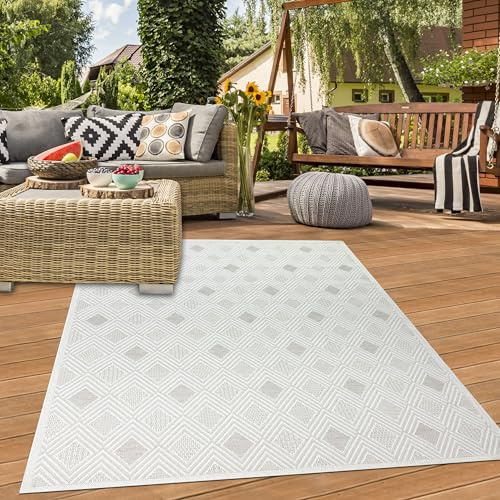 Teppich-Traum Outdoor Teppich Rautenmuster Creme 200x290 cm | Wetterbeständig, UV-beständig, robust, langlebig, angenehmes Laufgefühl, f. Garten, Terrasse, Balkon, Camping und Veranda