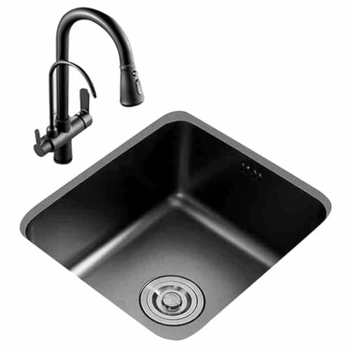 Fregadero negro Nano Bar para purificación de agua, grifo extraíble de acero inoxidable Nano 304, fregadero de cocina, lavabo individual, balcón, mini bar (45 x 40 cm)