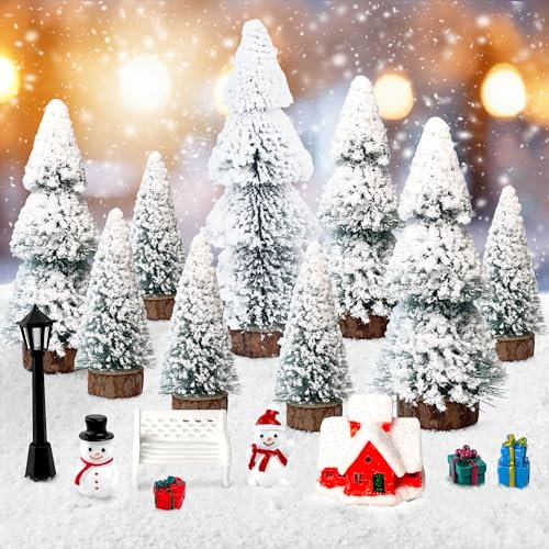 ROLLWAY Juego de 17 mini árboles de Navidad con figuras en miniatura de nieve, árbol de Navidad artificial, pequeño, blanco, árbol de Navidad artificial, 10/15/20 cm