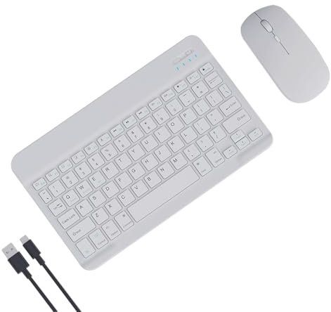 Set tastiera e mouse wireless ultra sottile per iPad, Windows, iOS, PC, laptop, tablet, Mac, Android, ricaricabile, ergonomico e compatto, con tastiera Bluetooth, colore bianco