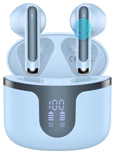 HKERR Auriculares Bluetooth 5.3 Estéreo HiFi Con Micrófono 4 HD, 50H LED Display, Control Táctil, USB-C, Inalámbricos IP7 Impermeables, Azul