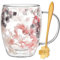 Gifts for Women Dried Flowers Double Wall Glass Coffee Mugs Cute Glass Tea Cups with Handles Christmas Birthday Gifts for Best Friend Teacher Mum Gift Ideas Autumn Mug Home Decor(Grey+Pink)