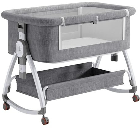 GLOKID 3-in-1neonato culla neonato,contiene Materasso,culla next to me,crib da campeggio,Regolazione a sei velocità,Compatibile con Diversi Letti, Altezza Regolabile,Inclinabile (Grigio)