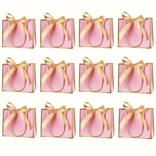 12 Pcs Small Gift Bags with Handles, Mini Thank You Gift Bags with Ribbon for Wedding Baby Shower Birthday Part (Pink, Gold, 12 Pack)