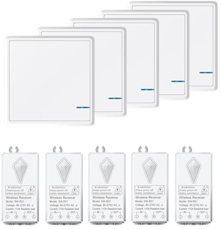 Funkschalter 230V, NineLeaf Funk Lichtschalter Set, 10A 1000W Lichtschalter Set, 400 m Funkreichweite, Upgrade für versteckte Verkabelung, Einfache Installation, IP66 Wasserdicht, 5SET
