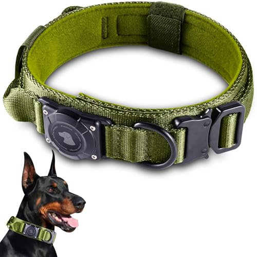 JIARUI Taktisches Hundehalsband mit Griff, Wasserdichter Airtag Hundehalsband, Dickes Verstellbares Halsband Hund mit Gepolstert, Metallschnalle für Mittlere Große Hunde (Grün, L(18-23))