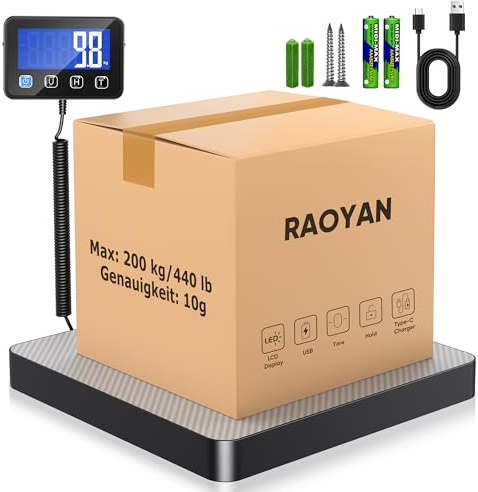 RAOYAN Paketwaage, 200kg/10g Hochpräzise Digitale Plattformwaage mit Halte/Tara Funktion, Postwaage mit Wandmontiertem LCD Display für Pakete/Gepäck/Lager, Batterien und Ladekabel im Lieferumfang