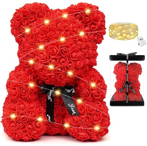 HORO.ES Rosenbär mit Geschenkbox, Rosenbär, Bär aus künstlichen Rosen, Schaumstoff, Geschenk für Valentinstag, Verliebte, Jahrestag, Liebe, Geburtstag, romantisches Geschenk (25 cm)