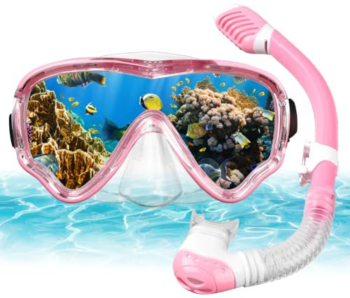 AOOSA Mascara Buceo+Tubo de Snorkel Set para Niños, Vidrio Templado Antivaho Gafas de Buceo, Panorámicas Antifugas con Vista Amplia Kit de Snorkel para Natación y Viajes (Rosa)