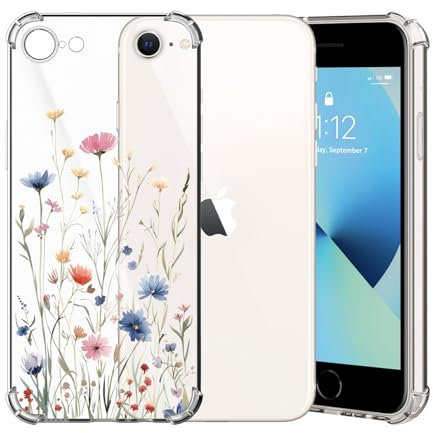 ChoosEU Transparent Hülle für iPhone SE 2022/2020 / iPhone 7/8 Weich TPU Silikon Case mit Blume Muster Motiv Dünne Handyhülle Stoßfeste Airbag Schutzhülle Durchsichtig Cover - Blau Rosa