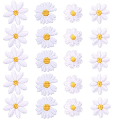 Cosyhav 20pcs Iron on Patches,White Daisy Iron on Patches for Clothing,Embroidery Patch for Outerwear,Jeans,Shoes,Backpacks