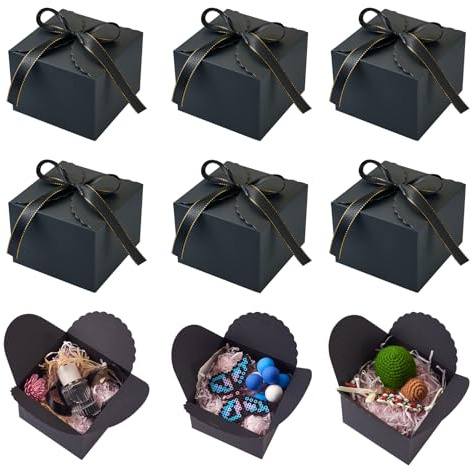 Boutigem 10 schwarze Partygeschenkboxen 12 x 12 x 9 cm, Kraftpapier, Süßigkeiten-Geschenkschachtel mit Band für Hochzeit, Party, Geburtstag, Weihnachten, Valentinstag