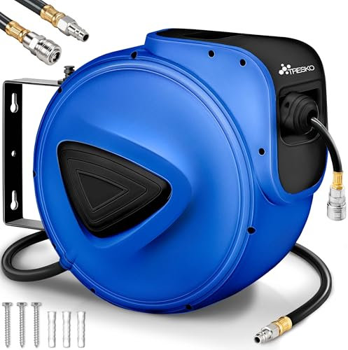 TRESKO® 10m Druckluftschlauch Aufroller automatisch 1/4 Anschluss | Schlauchtrommel Wandschlauchhalter Schlauchaufroller Druckluftschlauch-trommel, Blau