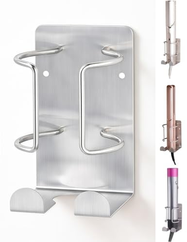 Bowyune Halterung für Dyson Airwrap, Edelstahl Glätteisen Halterung Ohne Bohren, Dyson Airstraight Halterung Wand mit Kabelhaken Selbstklebend & Bohrmontage für Bad