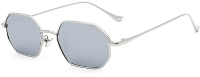 EJDHA Hexagonale Sonnenbrille, Silberner Metallrahmen, Verspiegelte Gläser (Silber/Hellgrau)