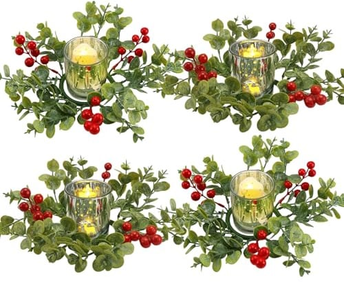 Micvtve Weihnachtskerzenhalter Ringe Kranz 4 Stück Glas Teelichthalter mit Kranz Ring Rote Beere und Tannenzapfen Glas Kerzenhalter für Weihnachten Tischdekoration