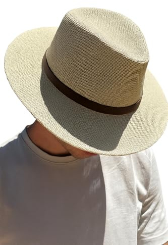 Sombrero Blanco Hombre De Paja Protección Solar Panama Pamela Playa Verano Esparto Gorra para Sol Visera Enrollable Tira con Detalles Ajustable Marrón