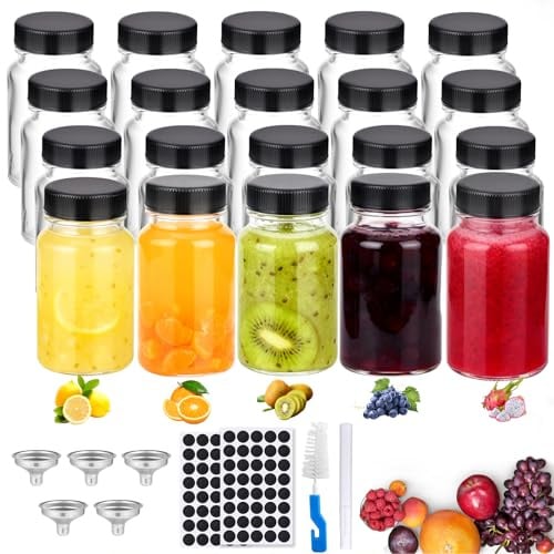 Hejo Kleine Shot Flaschen zum befüllen, 20 Stück 60ml Kleine Glasflaschen | mit Breitem Mund, Mini Shot Glasflaschen mit Schwarzem Deckel, Mehrweg Mini-Flaschen Gläser für Saft, Ingwer, Schnaps