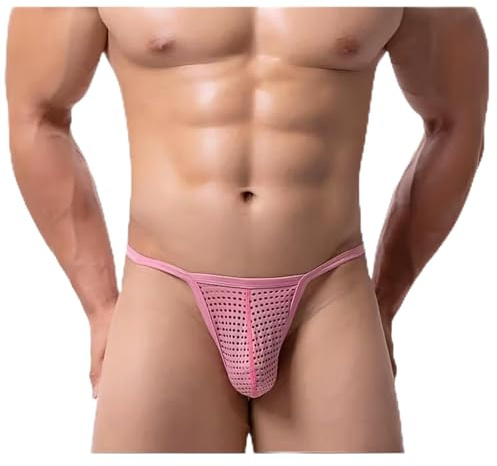 Gatamiau String pour Homme G-String Taille Basse Jockstrap Respirant Bikini Tanga Ficelle Homme Thong sous-Vêtement Masculine T-Back Maille Sexy Saint-Valentin Noir Rose