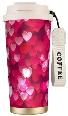 Taza de café de acero con estampado de corazón para el día de San Valentín, termo de café al aire libre, taza de camping con tapa a prueba de fugas, tazas portátiles para mantener el calor/hielo