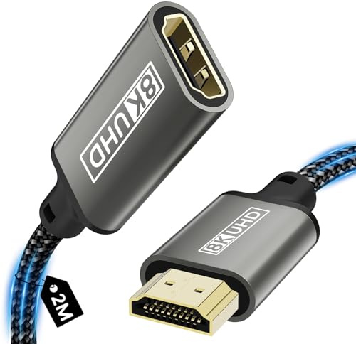 Zestiq Cable Alargador HDMI, Cable Alargador HDMI 8K Macho a Hembra, 48 Gbps Velocidad Ultraalta, UHD HDR ARC 3D Compatible con TV Stick, Roku, BLU-Ray, Xbox, PS5, HDTV, Ordenador Portátil- 2 m