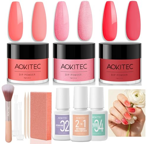 Aokitec 12-Piece Dip Powder Starter Kit: 3 Pink Red Colours & Liquids | Enjoy 14+ days of smooth, chip-resistant wear. Features a time-saving 2-in-1 base & top coat. Fast air dry, no UV lamp!