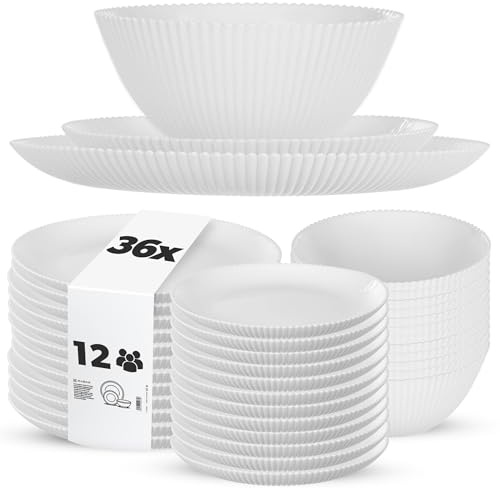 KADAX Geschirrset für 12 Personen, 36-teilig, weiße Tafelservice aus Opalglas mit Suppenschalen, Speisetellern & Desserttellern, Spülmaschinenfest (Weiß XL)