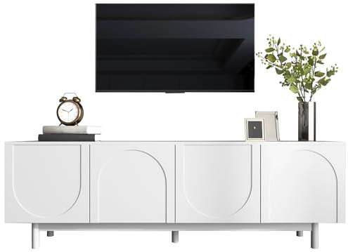 RAPRAP Meuble TV moderne blanc, meuble TV bas de 175 cm avec ouverture à pression, 4 portes, étagères réglables, pieds en bois massif,Blanc