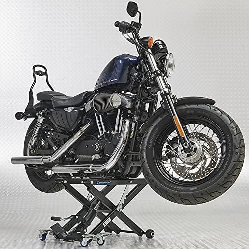 Datona Motorradheber Mattschwarz bis 500 kg mit 85 x 50 cm Gummiplattform Fußbedienung und Rangierrollen für schwere Motorräder