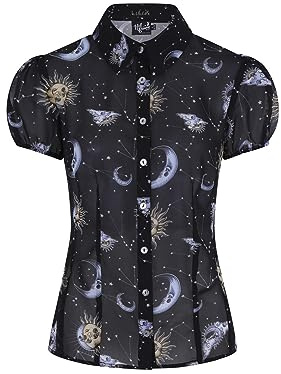 Hell Bunny Solaris Sun Moon Stars Chiffon Blouse Top - UK 20 (3XL) Black