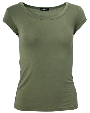 Easy Young Fashion - Damen Basic Rundhals T-Shirt - Kurzarm Unterziehshirt Skinny Fit 1001 - Olive L