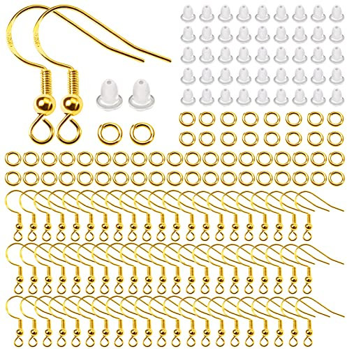 TOAOB 360pcs Gold Earring Hooks Kit 18mm Ear Wires Fish Hooks with Clear Rubber Safety Backs and Jump Rings for Jewellery Making DIY Earring Jewelry Findings