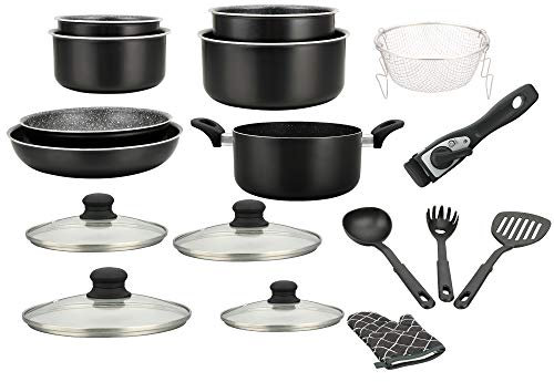 Batterie de cuisine - lot de casserole induction - set casserole et poele tous feux - set de cuisine de 17 éléments « spécial cuisson » avec casseroles et poêles revêtement marbre et poignée amovible