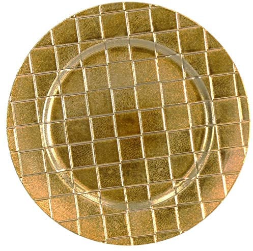 Geri Set of 6 33cm Round Plastic Charger Plates, Gold | Large Decorative Tableware for Dinner Plates | Checkered Placemats for Table Decorations | Durable & Reusable Dinnerware Party Plate Set for 6