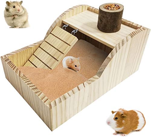 PINVNBY Hamster Sand Bath Box Wooden Shower Room Digging Sand Bathtub Container with Climbing Ladder Bowl Bathroom for Dwarf Syrian Mice Mouse Gerbils and Other Small Animals