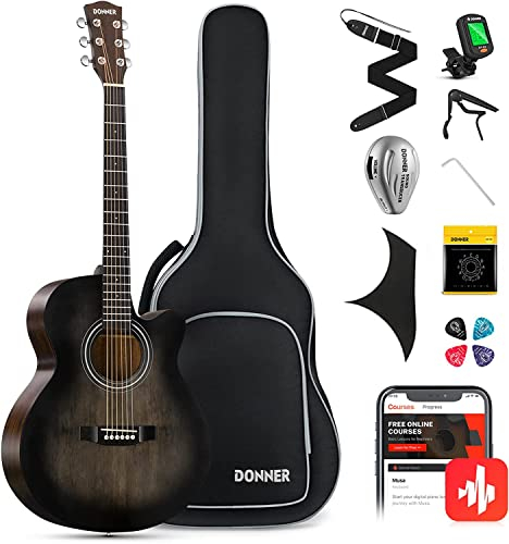 Donner Guitarra Acústica 4/4 para Adulto Principiantes Guitarra Kit Mini Jumbo Cutaway 40 Pulgadas con Pickup Bolsa Cuerda Afinador Negro